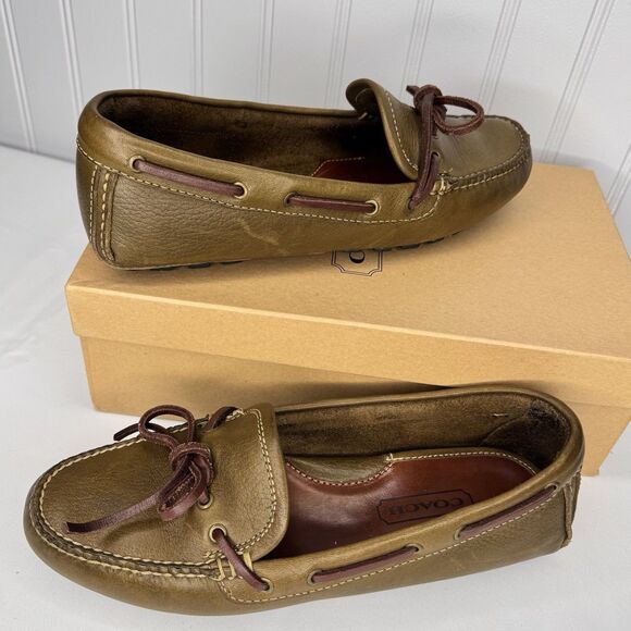 COACH Sz 7.5M Leather Slip On Moc Loafers J 204 Sage Green Moccasin Bow Driving - Picture 1 of 11